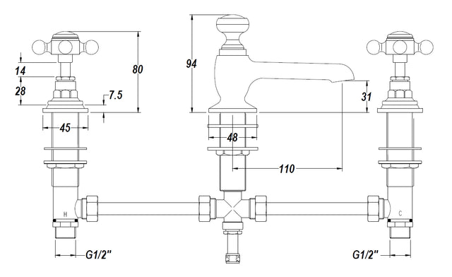 White Topaz With Crosshead Handle 3 Tap Hole Basin Mixer