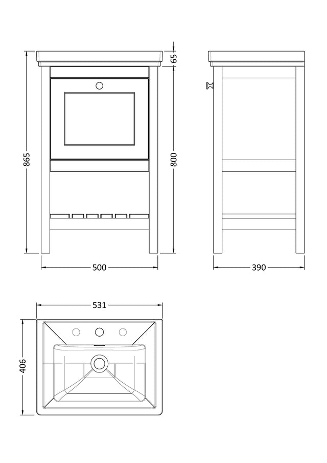 Hudson Reed Bexley 500mm Pure White Floor Standing 1 Drawer Vanity Unit with 3 Tap Hole Fireclay Basin
