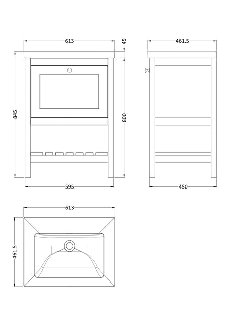 Bexley Floor Standing 1 Drawer Vanity & 0 Tap Hole Contemporary Fireclay Basin, 600mm - Pure White