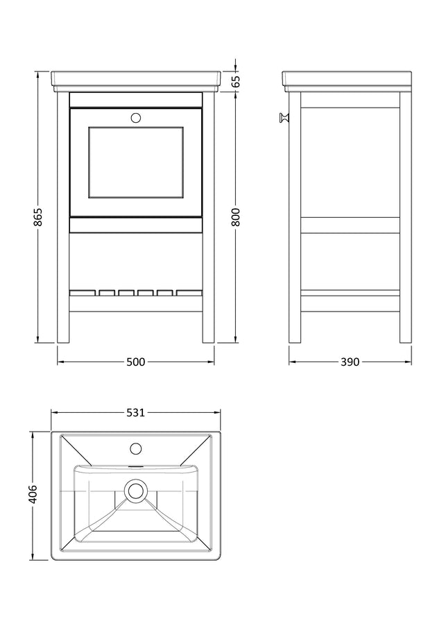 Hudson Reed Bexley 500mm Floor Standing 1 Drawer Vanity Unit with 1 Tap Hole Fireclay Basin