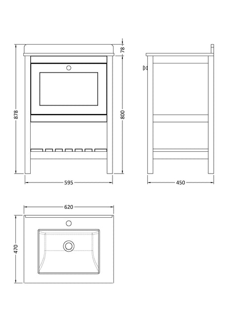 Hudson Reed Bexley 600mm Floor Standing 1 Drawer Vanity Unit with 1 Tap Hole Marble Top Basin