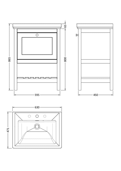 Hudson Reed Bexley 600mm Floor Standing 1 Drawer Vanity Unit With 3 Tap Hole Fireclay Basin