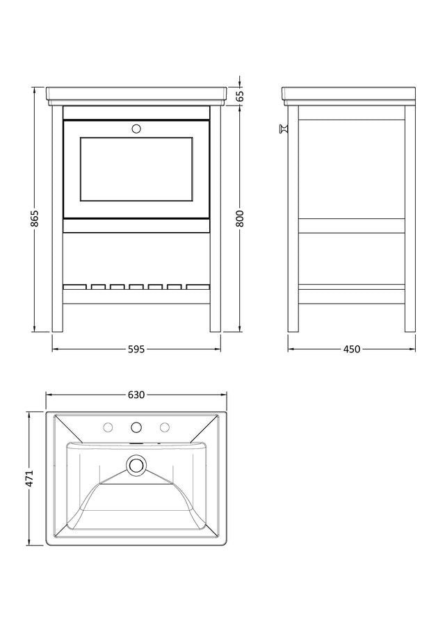 Hudson Reed Bexley 600mm Floor Standing 1 Drawer Vanity Unit With 3 Tap Hole Fireclay Basin