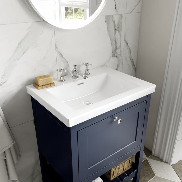 Hudson Reed Bexley 600mm Indigo Blue Floor Standing 1 Drawer Vanity Unit with 3 Tap Hole Fireclay Basin