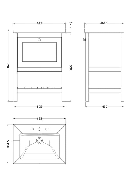 Hudson Reed Bexley 600mm Fern Green Floor Standing 1 Drawer Vanity Unit With 3 Tap Hole Basin