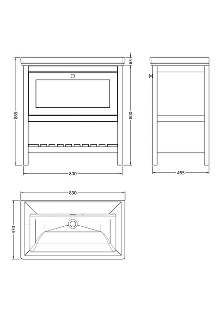Bexley Floor Standing 1 Drawer Vanity & 0 Tap Hole Fireclay Basin, 800mm