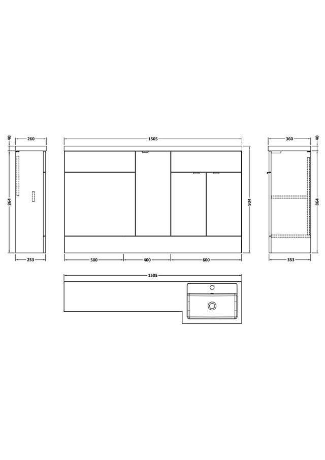 Hudson Reed Fusion 1500mm Floor Standing Right Hand 2 Door Vanity Basin & Toilet Combination Unit