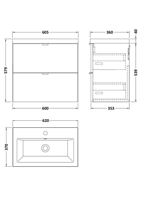 Hudson Reed Fusion 600mm Bleached Oak Wall Hung 2-Drawer Unit & Basin With Soft Close Drawers