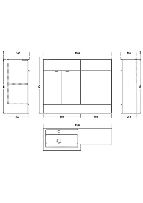 Hudson Reed Fusion 1100mm Left Hand Pebble Grey Combination Unit With Basin, Handles & Overflow
