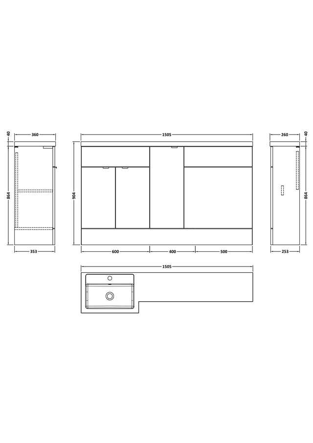 Hudson Reed Fusion 1500mm Left Hand Pebble Grey Combination Vanity Unit Ready-built With Handles