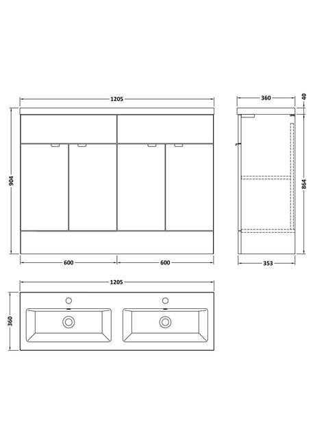 Hudson Reed Fusion 1200mm Pebble Grey 4-Door Floor Standing Vanity with Double Basin Soft Close