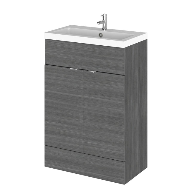 Hudson Reed Fusion 600mm Anthracite Woodgrain Floor Standing 2 Door Vanity Unit with Basin and Handles
