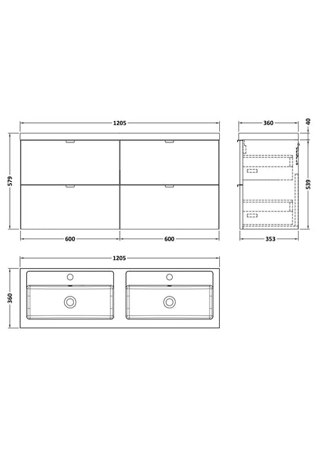 Hudson Reed Fusion 1200mm Wall Hung 4 Drawer Vanity Unit With Twin Polymarble Basin