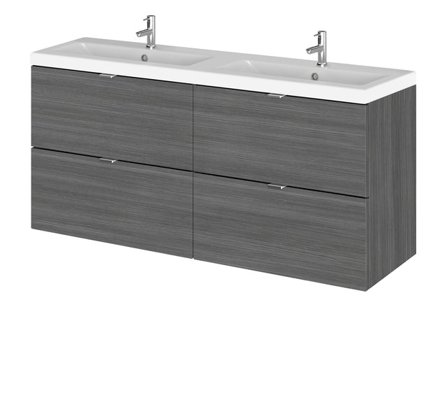 Hudson Reed Fusion 1200mm Anthracite Woodgrain Wall Hung 4 Drawer Vanity Unit with Double Basin