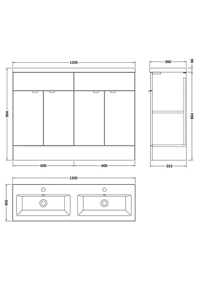 Hudson Reed Fusion 1200mm Floor Standing 4 Drawer Vanity Unit With Twin Ceramic Basin