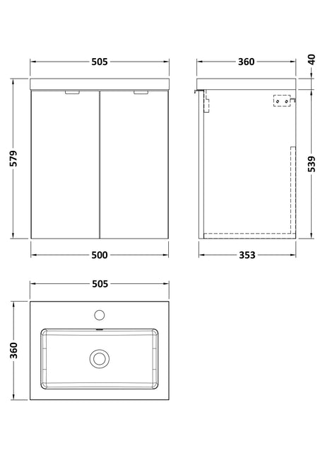 Hudson Reed Fusion 505mm Anthracite Woodgrain Wall Hung 2 Door Vanity Unit With Basin