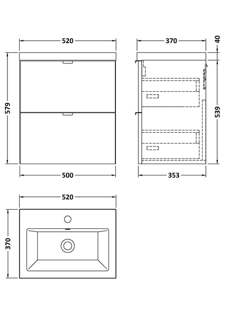 Hudson Reed Fusion 500mm Anthracite Woodgrain Wall Hung 2 Drawer Vanity Unit & Basin