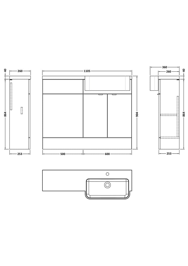 Hudson Reed Fusion 1100mm Floor Standing 2 Door Vanity Unit & Toilet with Right Hand Semi Recessed Basin Soft Close