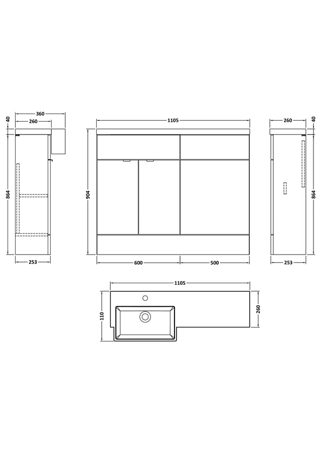 Hudson Reed Fusion 1100mm 2 Door Vanity & Toilet Combination with Left Hand Semi Recessed Basin