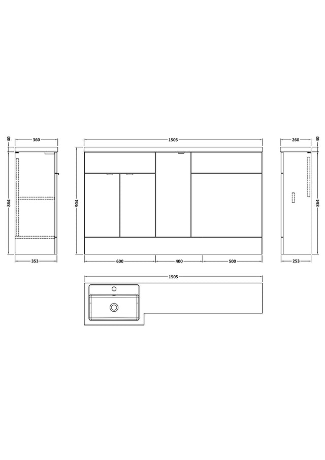 Hudson Reed Fusion 1500mm Charcoal Black Floor Standing 2 Door Left Hand Vanity Basin & Toilet Combination Unit