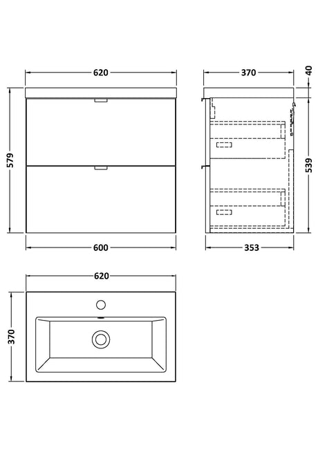 Hudson Reed Fusion 600mm Charcoal Black Wall Hung 2 Drawer Vanity Unit & Basin With Soft Close Drawers