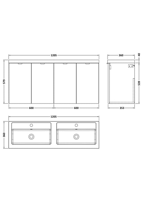 Hudson Reed Fusion 1200mm Charcoal Black Wall Hung Vanity Unit with Twin Basin