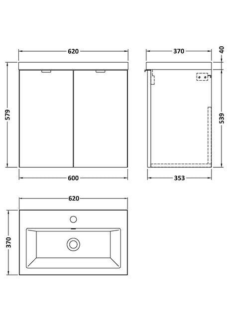 Hudson Reed Fusion 600mm Charcoal Black Wall Hung 2 Door Vanity Unit & Ceramic Basin