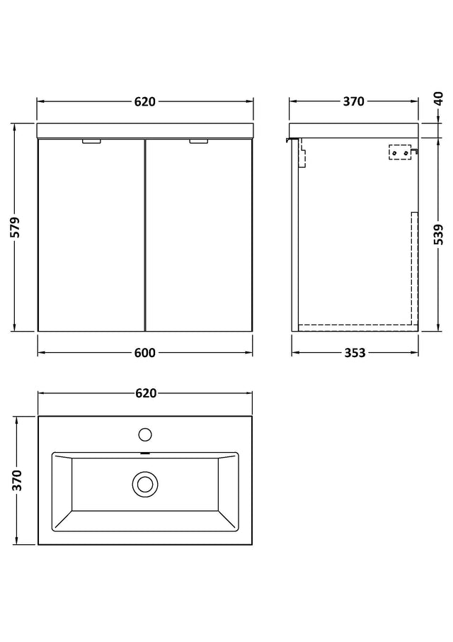 Hudson Reed Fusion 600mm Charcoal Black Wall Hung 2 Door Vanity Unit & Ceramic Basin