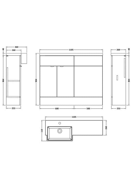 Hudson Reed Fusion 1100mm Charcoal Black Floor Standing 2 Door Vanity Unit & Toilet with Semi Recessed Basin