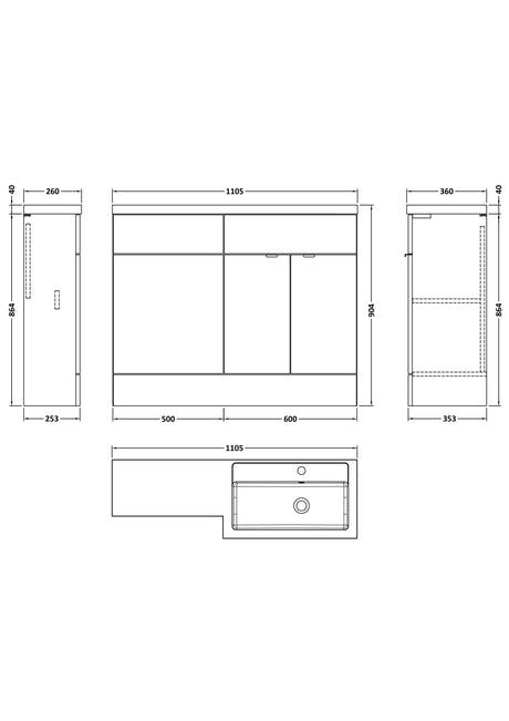 Hudson Reed Fusion 1105mm Gloss Grey Floor Standing 2 Door Right Hand Vanity Basin & Toilet Combination