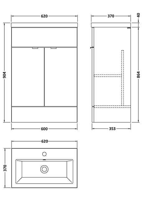 Hudson Reed Fusion 600mm Gloss Grey Floor Standing 2 Door Vanity Unit & Basin, Ready Built