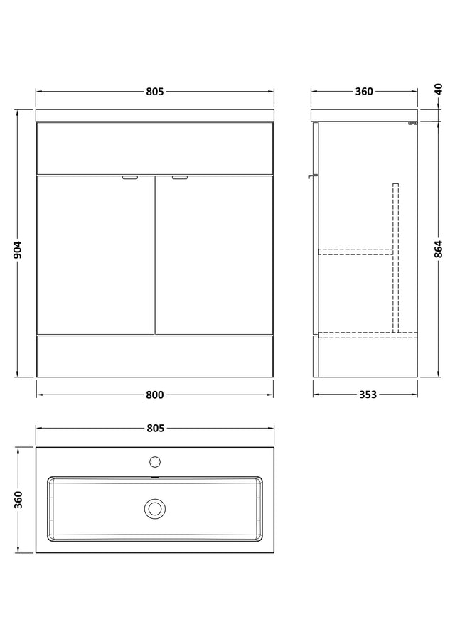 Hudson Reed Fusion 805mm Gloss Grey Floor Standing 2 Door Vanity Unit With Polymarble Basin