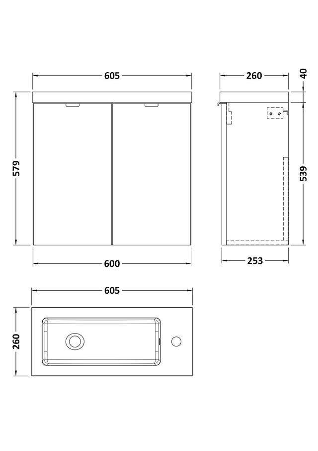 Hudson Reed Fusion 600mm Wall Hung 2 Door Vanity Unit & Basin With Soft Close Doors