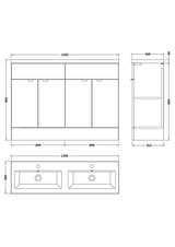 Hudson Reed Fusion 1200mm Gloss Grey Floor Standing 4 Drawer Vanity Unit With Twin Ceramic Basin