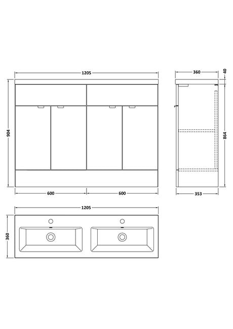 Hudson Reed Fusion 1200mm Gloss Grey Floor Standing 4 Drawer Vanity Unit With Twin Ceramic Basin