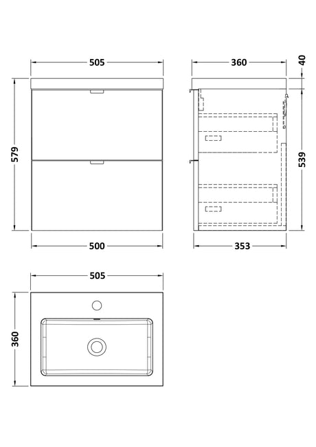 Hudson Reed Fusion 500mm Wall Hung 2 Drawer Vanity Unit & Basin With Soft Close Drawers