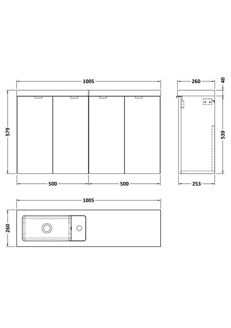 Hudson Reed Fusion 1000mm Gloss Grey Wall Hung 2 Door Compact Vanity Unit with Basin