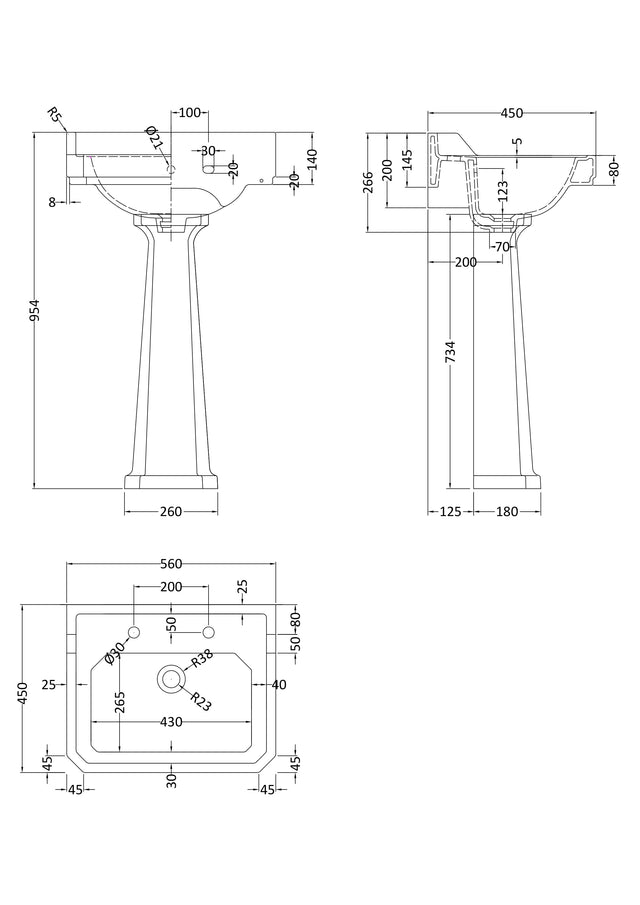 Richmond 560mm 2 Tap Hole Basin & Comfort Height Pedestal