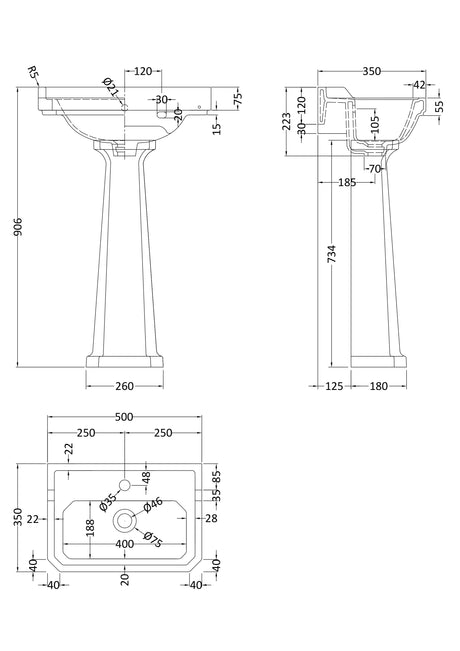 Hudson Reed Richmond 500mm Comfort Height 1 Tap Hole Pedestal Basin