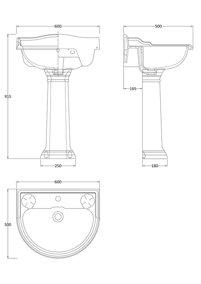 Hudson Reed Chancery 600mm 1 Tap Hole Pedestal Basin