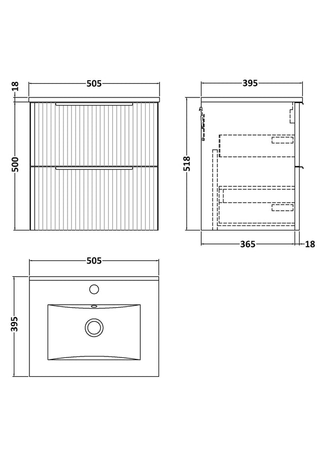Hudson Reed Fluted 500mm Wall Hung 2-Drawer Vanity Unit With Basin