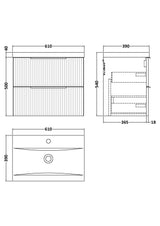 Hudson Reed Fluted 600mm Wall Hung 2-Drawer Vanity Unit Including Basin