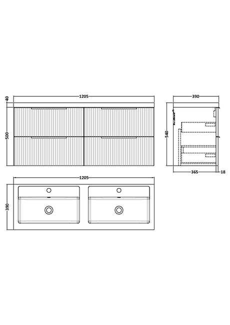 Hudson Reed Fluted 1200mm Wall Hung 4-Drawer Vanity Unit With Double Basin