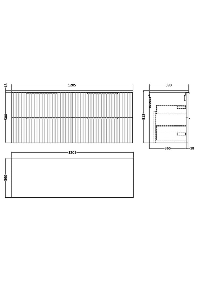 Hudson Reed Fluted 1200mm Soft Black Wall Hung 4-Drawer Vanity Unit With Worktop Basin