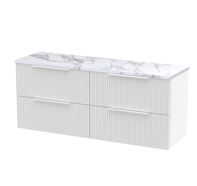 Hudson Reed Fluted 1200mm Satin White Wall Hung 4-Drawer Vanity Unit With Laminate Worktop & Handles