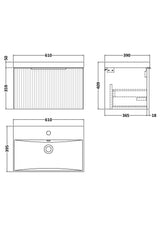 Hudson Reed Fluted 600mm Wall Hung Single Drawer Vanity Unit Including Basin