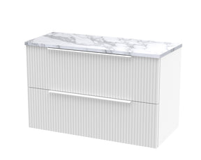 Hudson Reed Fluted 800mm Satin White Wall Hung 2-Drawer Vanity Unit With Laminate Worktop