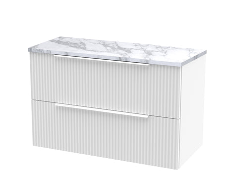 Hudson Reed Fluted 800mm Satin White Wall Hung 2-Drawer Vanity Unit With Laminate Worktop