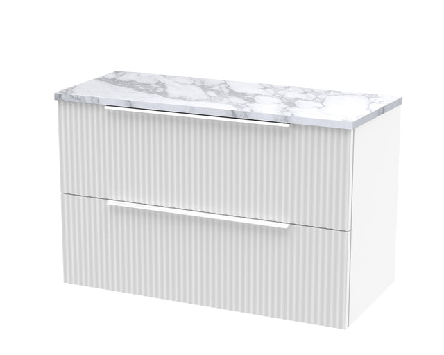 Hudson Reed Fluted 800mm Satin White Wall Hung 2-Drawer Vanity Unit With Laminate Worktop