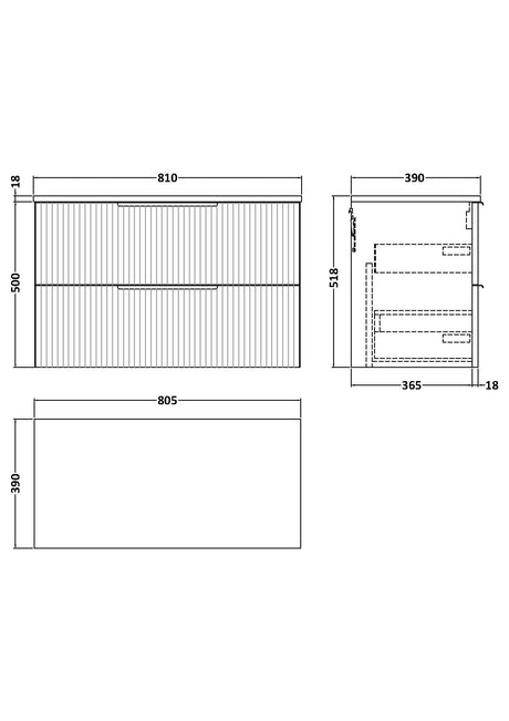 Hudson Reed Fluted 800mm Wall Hung 2-Drawer Vanity With Worktop